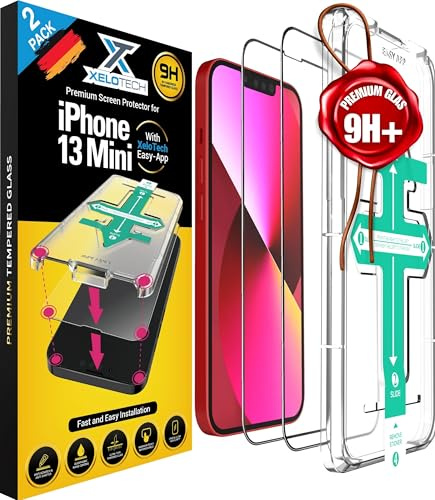 XeloTech 3D/4D Schutzglas für iPhone 13 MINI - Mit Easy App Schablone - Temperiertes Glas