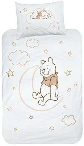 MTOnlinehandel Winnie The Pooh Bettwäsche Flanell, 1 Kissenbezug 40x60 + 1 Bettbezug 100x135 cm, Kinderbettwäsche Winnie Pooh, Mond und Sterne