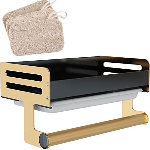 JKMQA Estante De Almacenamiento Antideslizante De Cocina De Aluminio Espacial para Jabón/Esponjas,Organizador De Fregadero,Estante De Drenaje De Fregadero,con 3 Piezas de Esponja de lufa