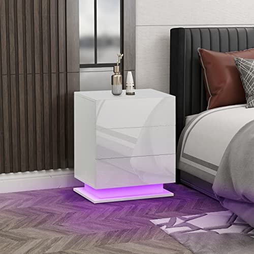 CLIPOP Bedside Tables with LED Lights, High Gloss Front Side Table with 3 Drawers, Modern LED Nightstand for Bedroom Living Room, White, 1PC