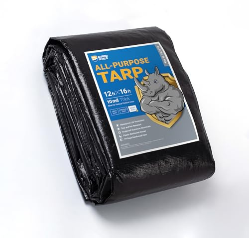 GUARD SHIELD Tarps Heavy Duty Waterproof 12x16 Feet Black Poly Tarp Cover Outdoor Thick UV Resistant Tarpaulin with Grommets 10mil
