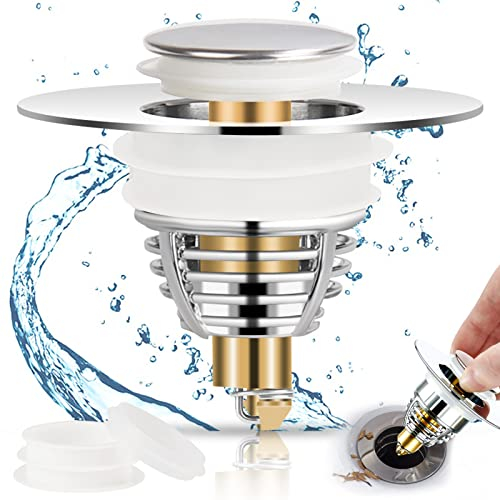 Pop up Abflussstopfen Universal, Diealles Shine Pop up Waschbeckenstöpsel Edelstahl, Abfluss Waschbecken Stöpsel Mit 2 Dichtungen, Popstopper Spüle Stop für Bad KüChen (34-42mm)