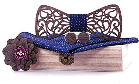 RQPYQF Ensemble de Noeud Papillon Bois, Noeud Papillon et Boutons de Manchette Homme + Broche en Bois + Carré de Poche, Accessoires Homme pour Mariage Cadeau (Style#12)