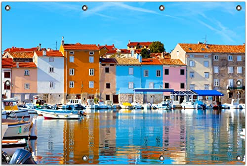 Wallario Outdoor-Poster für Garten oder Balkon Bunte Häuser am Hafen, Motivbanner Größe: ca. 80 x 120 cm, Outdoor-Bild