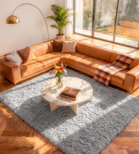 MARATIP Teppich Wohnzimmer Hellgrau 120x160 cm Flauschig Weich | Hochflor-Teppich, waschbar, rutschfest, kuschelig. Ideal für Schlafzimmer, Arbeitszimmer und Kinderzimmer.