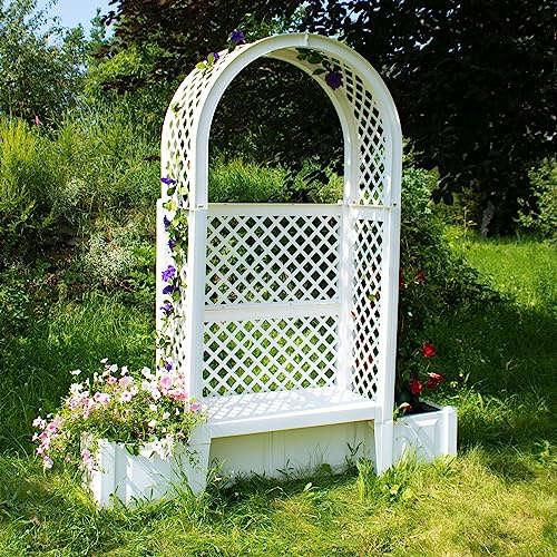 NYVI Gartenbank NYVIGreen 2-Sitzer 174x49x207 cm mit Pflanzkästen & Rosenbogen & Spalier - Sitzbank aus wetterfestem & recyceltem Kunststoff - Pflegeleicht, Steckmontage ohne Werkzeug, Farbe:Weiß
