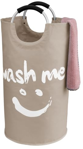 IHOMAGIC Grande Cesto Ropa Sucia con Asa 95L, Cesto de Lavandería Redondo de Tela Oxford, Plegable Bolsas para la Colada para Juguetes, Toallas, Mantas, Esterillas de Yoga (Smiley Pattern, Caqui)