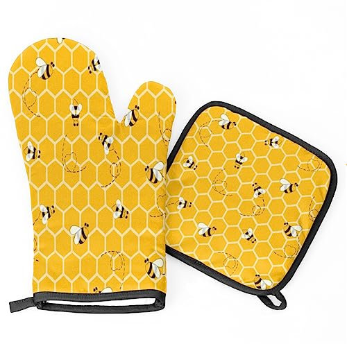 Ofenhandschuhe Topflappen Set Tierische Biene Kochhandschuhe Druck Topflappen Pad Hitzebeständige Topfhandschuhe, Für Grillen, BBQ