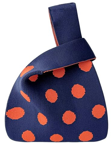 ANIMQUE Donne Borse a Mano Lavorato a Maglia Nodo a Manica Borsa Sacchetti da Regalo Piccoli Carini Portatile Borse Tote Borse a Spalla con Motivo a Pois, Blu Navy Arancio