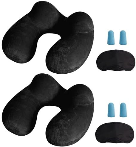 MOCOCITO 2-Set Reisekissen Aufblasbares/Nackenkissen Ergonomisch Aufblasbare Hergestellt waschbarem Kissenbezug Nackenhörnchen ideal für Reisen mit dem Auto, Flugzeug, Zug, Büro(Schwarz)