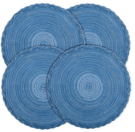 fanquare Runde Platzsets 4er Set Hitzebeständige Geflochtene Platzsets für Küchentisch 38cm Blau Runde Waschbare Tischsets