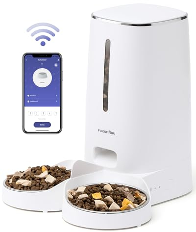 FUKUMARU Distributore Automatico Cibo Gatti, 4L Distributore Cibo Cani con 2 Ciotole in Acciaio Inox, 10 Pasti al Giorno e Controllo del Timer,Consumato per Circa 20 giorni.2.4G WiFi. USB e Batterie