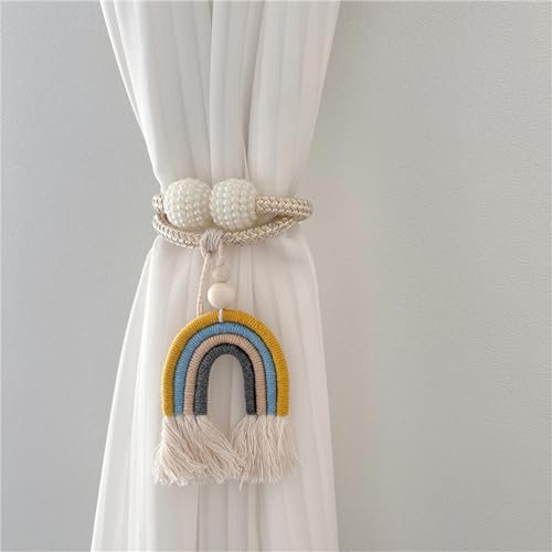 Herfair 2 Stück Vorhang Raffhalte Regenbogen Quasten Gardinenclips Raffhalter Seil, Boho Vorhanghalter, Gardinen Haken Ringe Bär für Kinderzimmer Dekoration (Gelb)