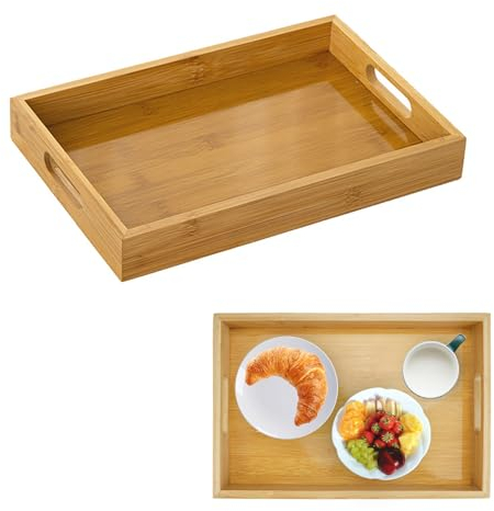 Bandeja Bambú Rectangular con Asas, 30 x 20 x 4 cm Bandeja Desayuno para Servir Comida, Decoracion Cocina Bandeja Cama para Desayuno, Bebidas, Aperitivos