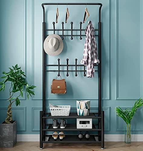Clothes Rack Exquisite Kleiderstange Schuhbank Garderobe Kleiderbügel Kleiderschrank Multifunktionsgarderobe Schuhbank 3 in 1 mit 16 Haken und 3-stufiger Schuhregalbank Metallgardero