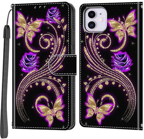 Salanheo Wallet Case for iPhone 11, Golden butterfly | Card Slots, Kickstand, Shockproof, Magnetic Closure, PU Leather, Flip Wallet Book, Lanyard Strap