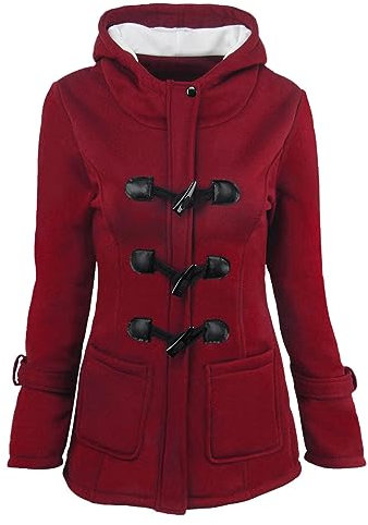 Wollmantel Mit Kapuze Damen | Wolljacke Damen Lang Hornknöpfe-Winterjacke Grosse Grössen Fleecejacke Jacke Mit Taschen Leichte Wollmantel Stehkragen Outwear Warmer Parka Kapuzenjacke Übergangsjacke