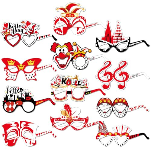 DPKOW 24 Stk Lustige Köln Partybrille Karneval Köln Accessoires, Rot Weiss Köln Papierbrille Masken Köln Karneval Kostüm Zubehör für Erwachsene Maskerade Köln Gastgeschenke Fasching Accessoires