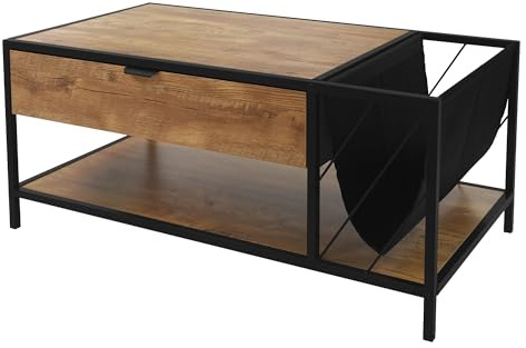 ML-Design Couchtisch 100x54x45 cm Braun-Eiche-Rustikal, Sofatisch aus Holz, Wohnzimmertisch mit Stahlgestell und 2 Ablagen, Beistelltisch mit Schublade & Zeitschriftenfach, Kaffeetisch für Wohnzimmer