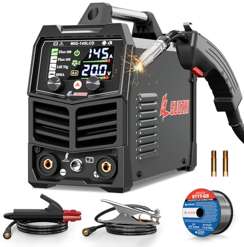 GZ GUOZHI 145A MIG Soldador, Soldador 3 en 1 FLUX MIG/Lift TIG/ARC Multi-proceso MIG Soldador, Máquina de soldar 110V, Máquina de soldar con núcleo de flujo de 110V con pantalla LCD grande