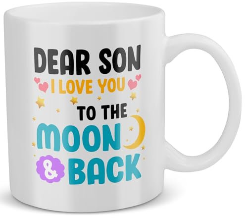HSIRYAOHD Tasse mit Aufschrift I Love You To The Moon And Back, Geschenk für Sohn, Jungen, Herren, Kaffeetasse, Geburtstag, Weihnachten, Abschluss an meine Quinceanero von Mom Dad Love, 325 ml
