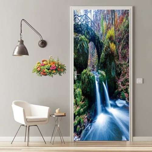 Türtapete Selbstklebend 90X200 cm Türaufkleber 3D Türfolie Selbstklebend Wald Wasserfall Klebefolie Tür Türposter Tür Folie PVC Wasserfest Wandbild für Schlafzimmer Wohnzimmer Bad Tür Tapete -MT1129