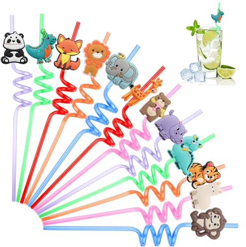 12 Pajitas Reutilizables de Animales de Plástico para Cumpleaños Infantiles - Decoración de Fiestas de Colores