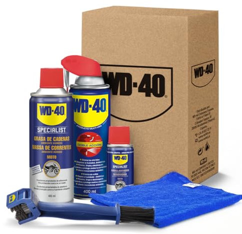 WD-40 Specialist Motorbike Kit Mantenimiento Total Multi-usos + Gasa de Cadenas + Abrillantador de Plásticos y Gomas + Cepillo Limpia Cadenas + Paño de Microfibra