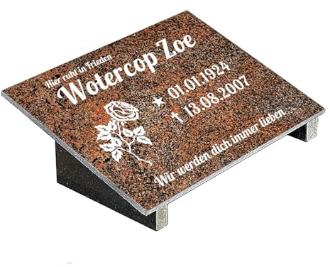 Grabplatte mit Inschrift aus Granit Multicolor Rot, personalisierbar Gedenktafel für Urnengrab, Wählmotiv, Grabstein für 1-2 Pers., Urnengrabstein (Multicolor Rot, 20x30cm mit Stützen, Rose)