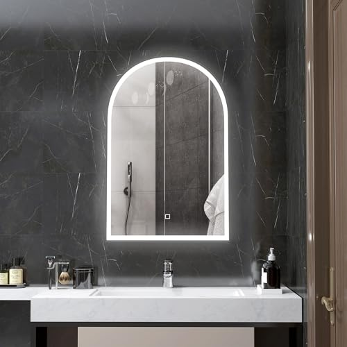 HOMCOM Miroir Salle de Bain avec éclairage LED 90 x 60 cm, Miroir Mural arqué, lumière réglable 3 Couleurs, Anti-buée, mémoire, Interrupteur Tactile, Miroir Salle de Bain, Cadre en Aluminium, Noir