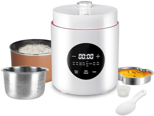 Cuociriso Elettrico Piccolo da 1,5 L con Funzione Low Carb e Vaporiera, Mini Rice Cooker con 7 Funzioni, Multicooker Digitale, Timer, Funzione di Mantenimento in Caldo (Bianca)
