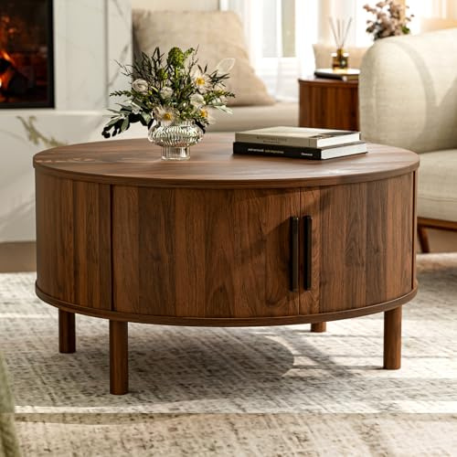 ZttRiee Coffee Table for Living Room, Modern Round Coffee Table with Cabinets & Sliding Doors, Home Small Space, 29.9 Fluted Center Table, Walnut