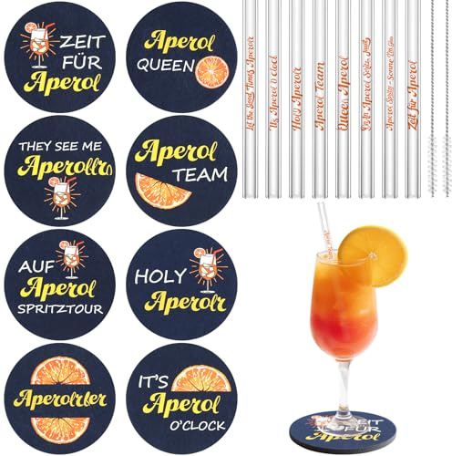 RZCOMP Aperol Spritz Geschenk 16 Stück,Aperol Filzuntersetzer und Aperol Glasstrohhalme Wiederverwendbar mit 2 Reinigungsbürste,Sommer Tischdeko Aperol Spritz Accessoires für Aperol Liebhaber