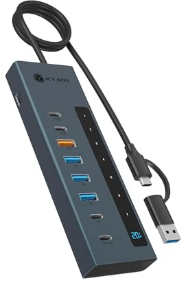 ICY BOX 9-in-1 Hub mit PD Ladefunktion und Display IB-HUB1743-CPD | 7x Hub-Ports (3x Type-C, 4x Type-A)1x USB-C Ladeport (PD 20W) mit Display-Anzeige1x PD 100W Upstream-Anschluss, USB 3.2 Gen 2