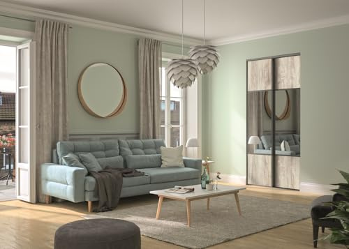 2 portes de placard coulissantes, hauteur 250 cm, largeur totale 150 cm, décor pin nordique, partitionné miroir argent, profils et rails gris inclus