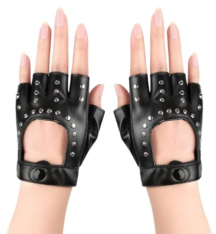 Punk Handschuh Fingerlos Leder Nieten Biker Rocker Gotik Kostuemzubehoer | Karneval Mottoparty Cosplay Zubehoer, Schwarz Damen Herren, Verzierung Punkstil Design, Einheitsgroesse Erwachsene
