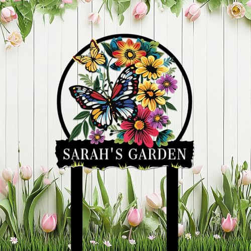 Colorul Butterfly Metal Sign Personalized,Flowers Garden with Stake Custom Metal Sign for Outside,Customized Butterflies Welcome Plaque Gardening Gifts for Gardener,Floral Decor for Lawn Yard Outdoor