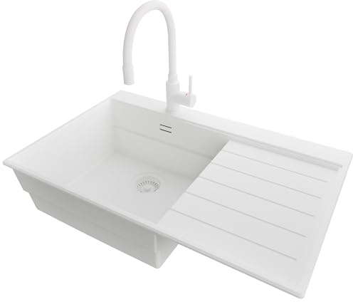 PRIMAGRAN Lavandino da Cucina Tutto Bianco 78x50cm, Lavello in Granito a 1 vasca + Rubinetto 38x14cm + Sifone Classico, Lavabo Incasso al mobile 50cm - Sydney