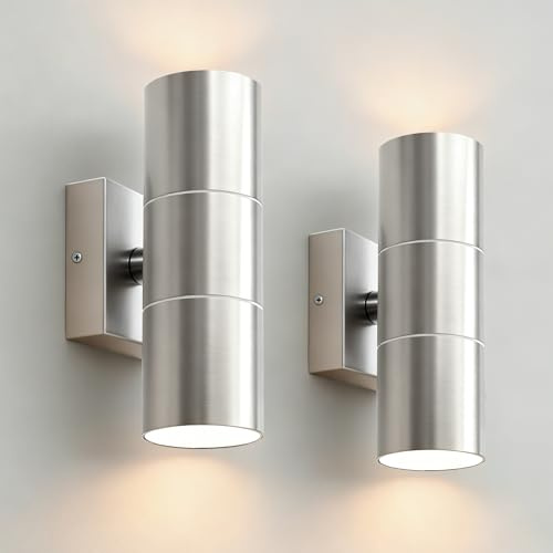 JNR Aussenlampe Wand IP54 Wasserdichte Wandleuchte Aussen, Silber 2 Pack | Edelstahl, Außenlampe Wand 2*5w GU10 3000K Warmweiß LED Glühbirne, 230V Außenleuchte Aussenleuchte, Ausenbeleutung Hauswand