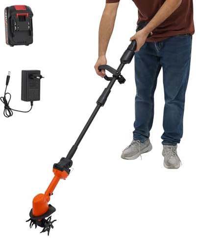 Zappa a batteria, 21 V, mini zappa con batteria da 1500 mAh, fresa da giardino con 4 coltelli in metallo, larghezza di lavoro, 10 cm, profondità di lavoro 10 cm, per piccole aiuole e giardino (con