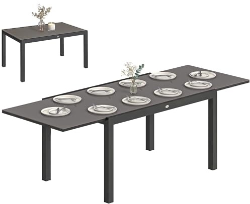 Outsunny Tavolo da Giardino Allungabile per 8-10 Persone 140/240x90 cm, Tavolo da Pranzo Estensibile Rettangolare con Piano in Vetro Temperato, Tavolo da Esterno per Patio Terrazzo Balcone, Nero