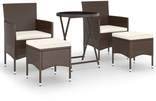 pokgdf 5-teiliges Bistro-Set für Balkon und Terrasse aus Poly Rattan mit Hartglasplatte als klappbarer Gartentisch mit Stühlen und ergonomischen Gartenstühlen mit Auflagen