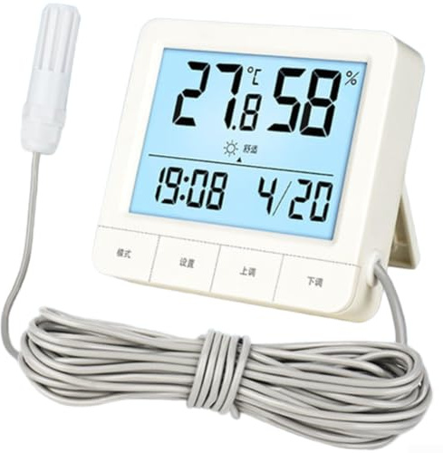 Digital Thermometer Hygrometer, with Probe,-50°C to +70°C, Dual Display, Adjustable Probe Length 2m/5m/10m for Reptile Incubator Aquarium Poultry Office Living Room(3meter)
