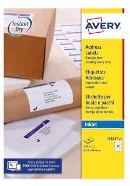 Avery Smudge Free, Printable, Address Labels, Quickdry, 63.5 x 46.6 mm, White, 18 Labels per Sheet, 450 Blank Labels per Pack (J8161-25)