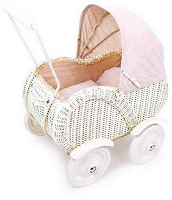 Small Foot 2020338 Puppenwagen „Caroline“ aus Holz, mit faltbarem Verdeck und Gummiringen an den Rädern, ab 3 Jahren