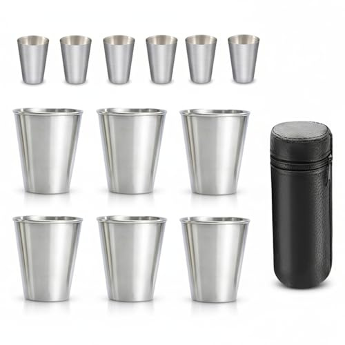 12 tlg Becher und Schnapsgläser aus Edelstahl, Stapelbar im Lederetui, Männergeschenk, Metall Becher für Camping, Wandern, Outdoor, Picknick, Trinkbecher, Schnapsbecher, Stamperl mit Leder Tasche