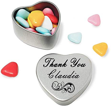 Perfect Way to Say Thank You Claudia With A Mini Heart Tin Gift Present with Chocolates . Makes a beaufiful Gift or Present to show your Thanks, Fits Beautifully in the palm of your hand. Tin Measurements 45mmx45mmx20mm