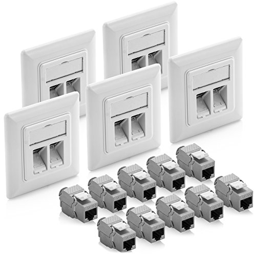 deleyCON 5x RJ45 Netzwerkdose Unterputz 10 Gbit/s Keystone Datendose (5x Dose + 10x Keystone) RJ45 Buchse Cat6a - Für CAT6 CAT7 Netzwerk Gigabit Verlegekabel vollgeschirmt - Weiß