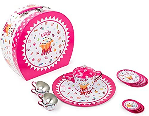 small foot 11272 Bunter Picknickkoffer Tee-Set Candy aus Blech mit Tragegriff, 16-TLG, Rollenspielzeug für Kinder Spielzeug, Mehrfarbig