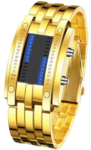 Gosasa Orologio da polso digitale a LED da uomo, con display binario futuristico, cinturino in acciaio inox, impermeabile, stile tecnologico, per abbigliamento casual e alla moda, Oro